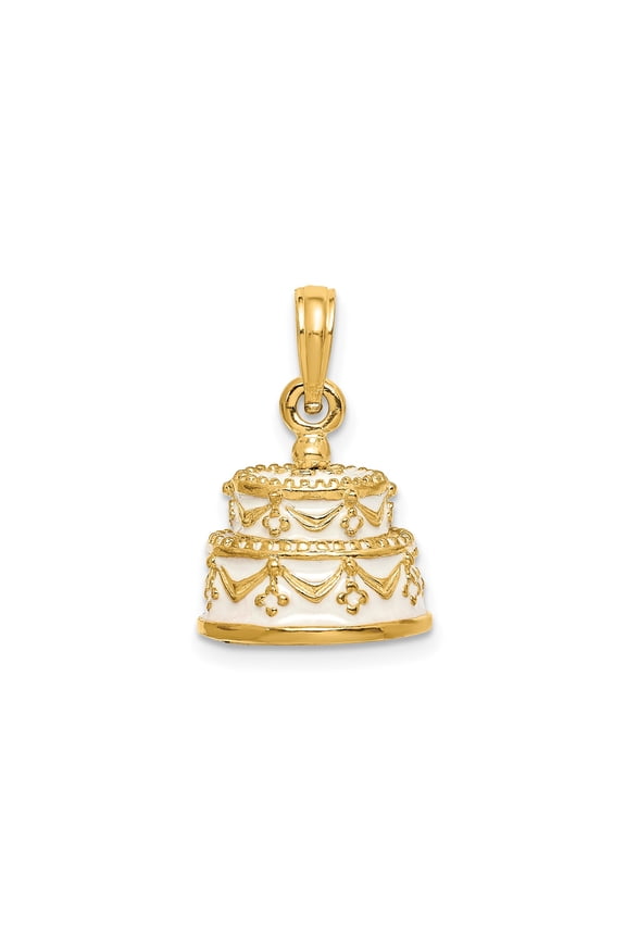 14k Yellow Gold Cake Charm Pendant for Women, Two Tier Frosted Design with Draping Detail, Symbolic Jewelry for Wedding, Anniversary, Birthday, Necklace or Bracelet Accessory