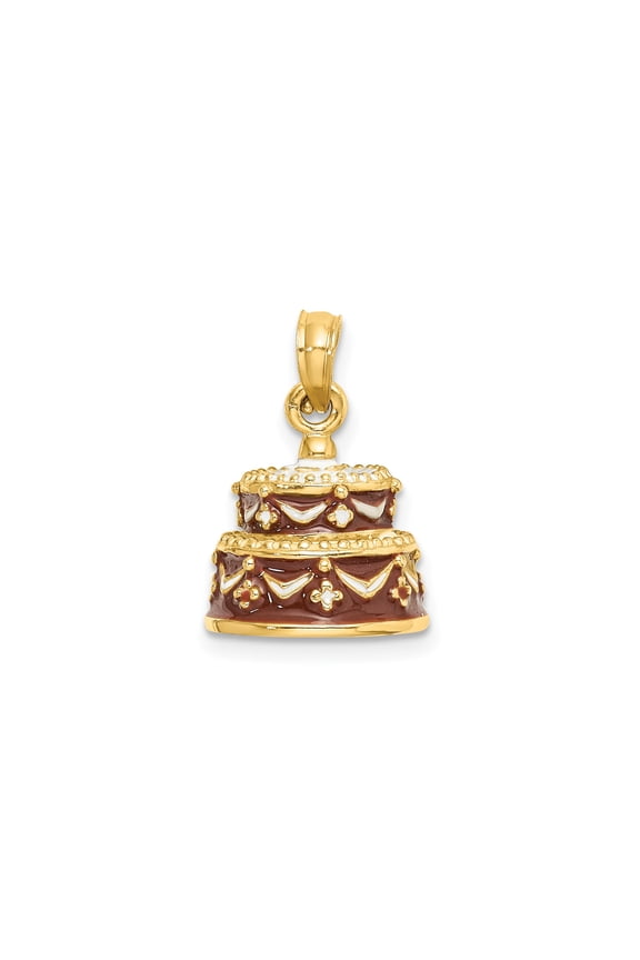 14k Yellow Gold Cake Pendant for Women with Red and White Enamel, Two-Tier Dessert Charm for Necklace or Bracelet, Symbolic Festive Jewelry for Anniversary or Milestone Celebration