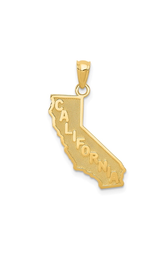 14k Yellow Gold California State Pendant Necklace for Women or Unisex with Textured Map Design and Raised Lettering, USA Travel Souvenir or Regional Pride Jewelry
