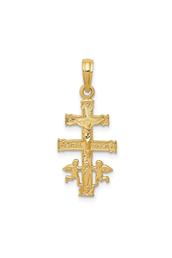 14k Yellow Gold Caravaca Crucifix Cross Pendant for Men and Women Religious Catholic Necklace with Detailed Orthodox Christ Design
