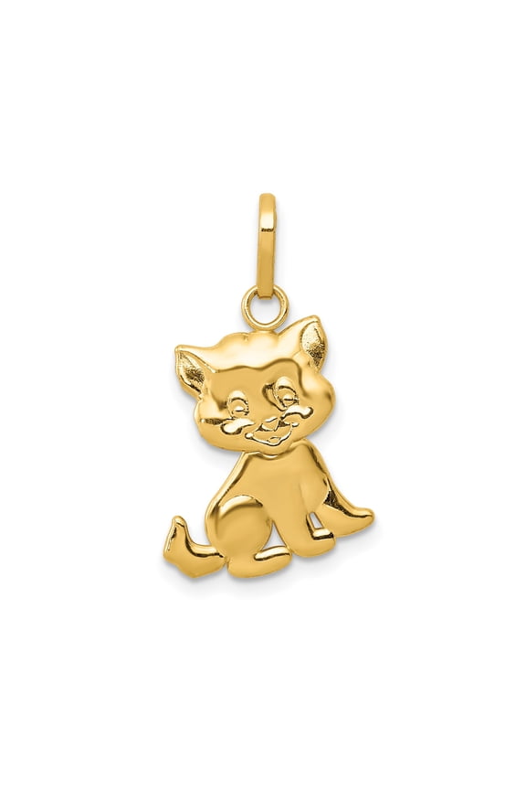 14k Yellow Gold Cat Pendant Charm, Polished Cartoon Kitten Animal Jewelry for Women