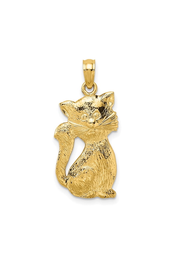 14k Yellow Gold Sitting Cat Pendant Charm, Polished Textured Feline Design