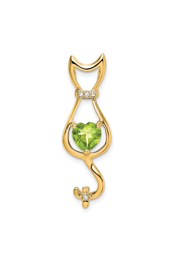 14k Yellow Gold Cat Pendant for Women with Heart Cut Green Gemstone and Diamond Accents, Whimsical Feline Necklace, Animal Lover Fine Jewelry