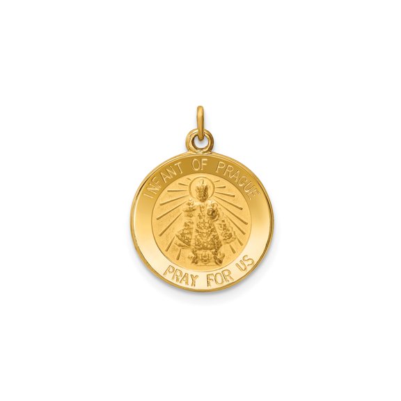 14k Yellow Gold Catholic Pendant with Infant of Prague Inscription Religious Medal for Men and Women Christian Necklace Symbol of Faith and Protection