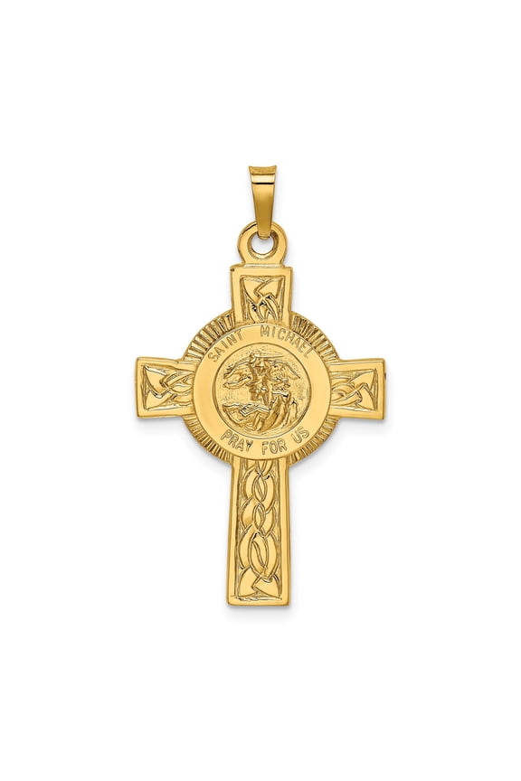 14k Yellow Gold Celtic Cross Pendant Necklace for Men and Women with Saint Michael Angel Design Religious Faith Symbol Fine Jewelry Spiritual Accessory