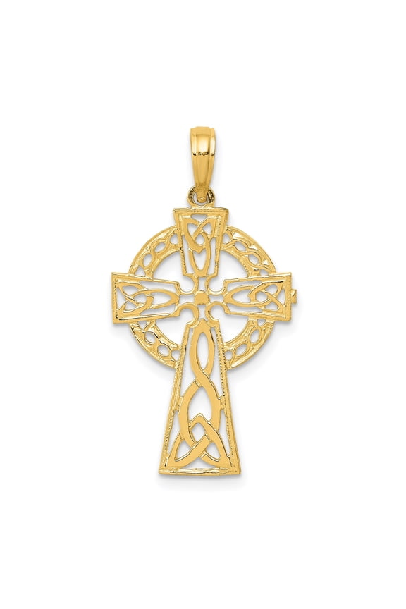 14k Yellow Gold Celtic Cross Pendant Necklace for Men and Women with Triquetra Symbol Woven Filigree Design Religious Eternal Knotwork Spiritual Jewelry