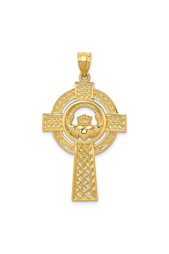 14k Yellow Gold Celtic Cross Pendant Necklace for Men and Women with Claddagh Symbol and Knotwork Design Irish Heritage Spiritual Jewelry