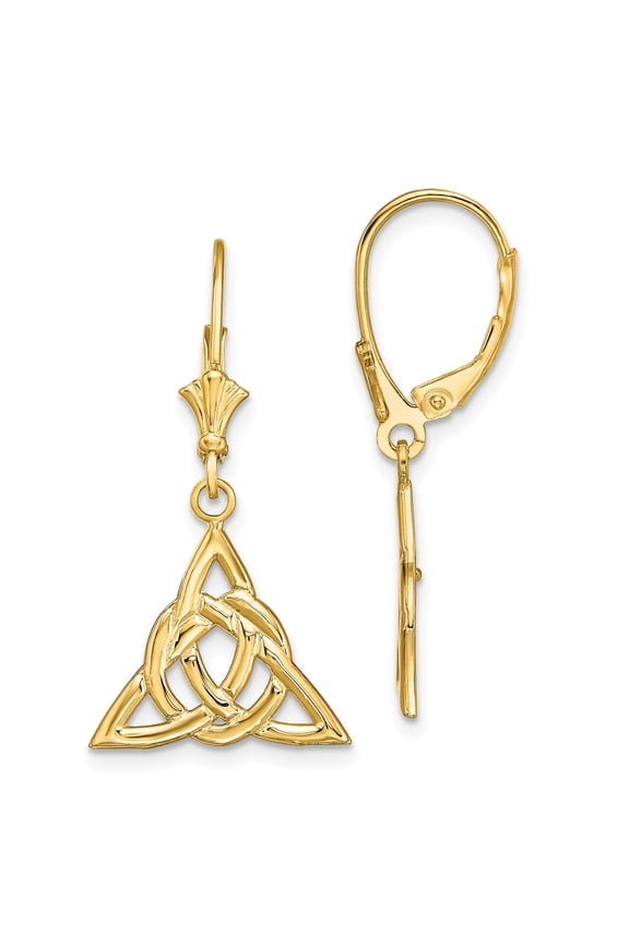 14k Yellow Gold Celtic Dangle Earrings for Women with Triquetra Knot Design, Leverback Closure, Openwork Symbol of Unity and Eternity