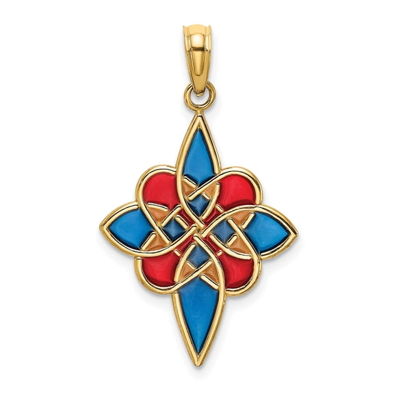 14K Yellow Gold Celtic Knot Pendant, Multi-Color Enameled Openwork Charm, 26.2 mm