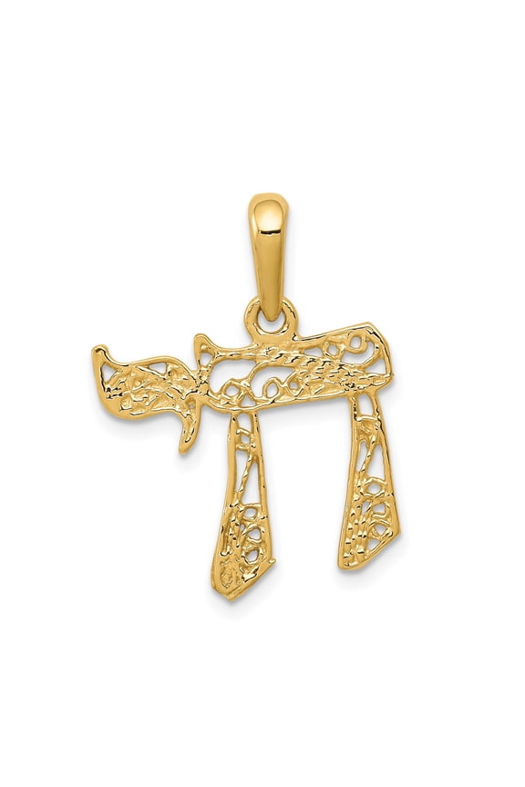 14k Yellow Gold Chai Pendant with Filigree Design, Hebrew Life Symbol Necklace, Unisex Jewish Religious Jewelry for Men and Women, Spiritual Faith Cultural Charm