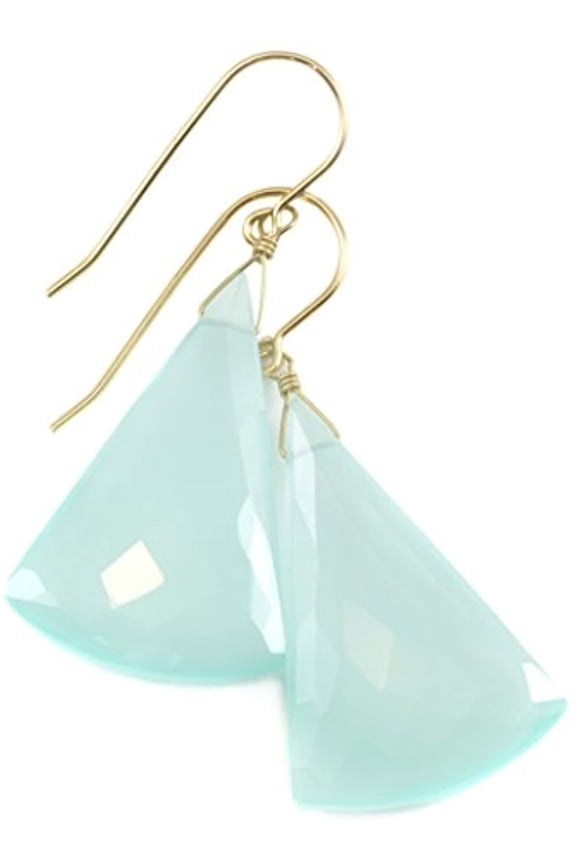 14k Yellow Gold Chalcedony Earrings Aqua Blue Long Faceted Triangles Contemporary Dangle Drops Designed for Adult Women