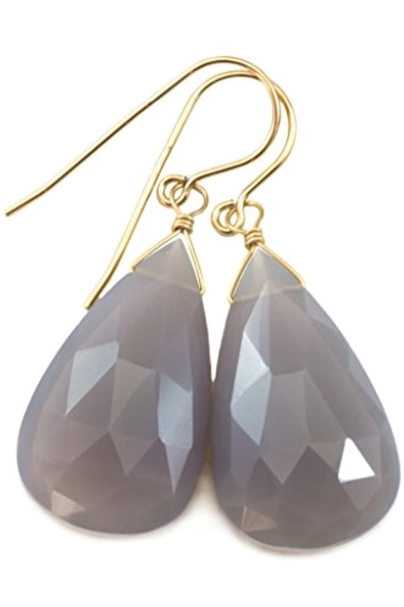 14k Yellow Gold Chalcedony Earrings Fat Grey Long Large Neutral Faceted Gray Tear Drops Briolettes Designed for Adult Women