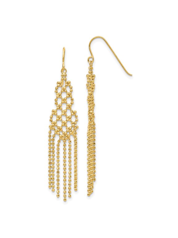 14k Yellow Gold Chandelier Earrings for Women, Intricate Lattice Design with Beaded Chain Drops, Elegant Dangle Style for Evening Wear, Formal Events, Fashion Statement Jewelry