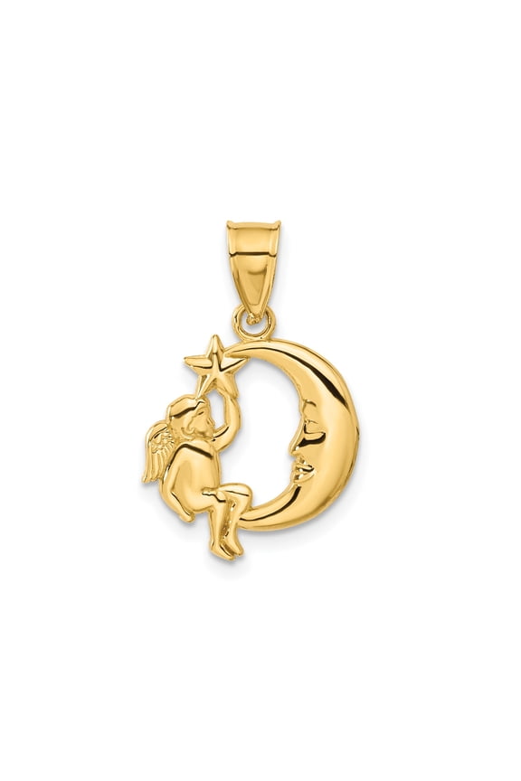 14k Yellow Gold Cherub Pendant with Crescent Moon and Star for Women, Celestial Angel Jewelry Symbolizing Faith, Hope, Spiritual Protection, Religious Unisex Charm