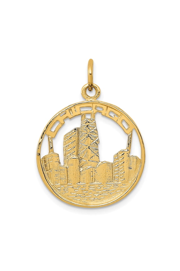 14k Yellow Gold Chicago Skyline Pendant for Women or Unisex, Cutout Cityscape Charm for Necklace or Bracelet, Urban Jewelry Keepsake for Travel, Hometown Pride, Souvenir Accessory