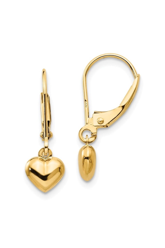 14k Yellow Gold Child Puffed Heart Drop Earrings - .7 Grams - Measures 20x6mm