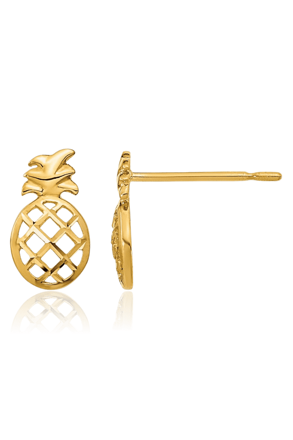 14K Solid Yellow Gold Hawaiian Pineapple Studs Summer Beach Earrings Tropical Fruit Jewelry