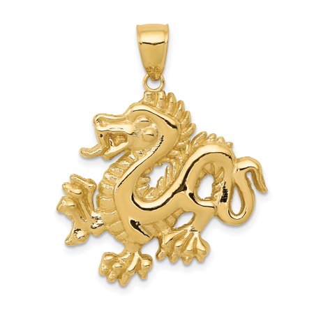 14k Yellow Gold Chinese Dragon Pendant Charm, Solid Polished Talisman for Men