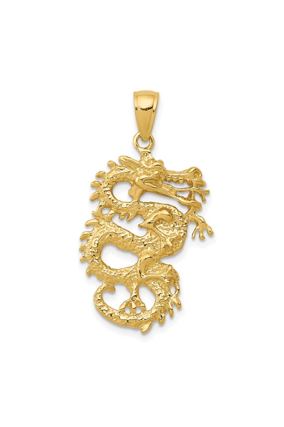 14k Yellow Gold Chinese Dragon Pendant for Men and Women, Intricate Openwork Necklace Charm, Mythical Eastern Symbol of Strength, Power, and Fortune