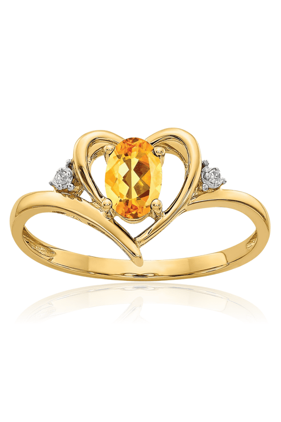 14K Solid Yellow Gold Orange Citrine Diamond Heart Ring Gemstone Love Band November Birthstone Jewelry