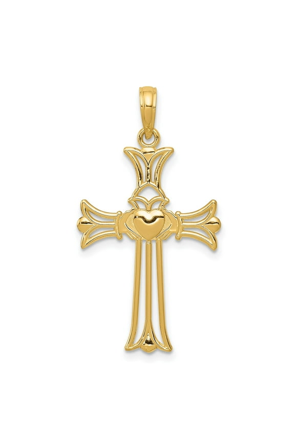 14k Yellow Gold Claddagh Cross Pendant Necklace for Men and Women with Polished Patonce Design and Heart Crown Symbol Religious Spiritual Faith Jewelry Charm