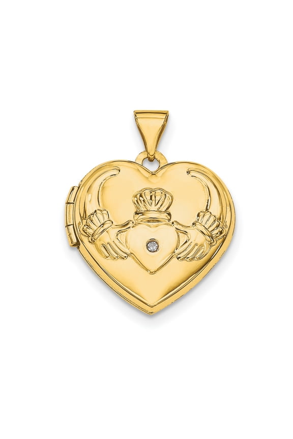 14k Yellow Gold Claddagh Heart Locket Pendant for Women with Diamond Accent, Irish Celtic Necklace Symbolizing Love Loyalty and Friendship, Romantic Heritage Jewelry