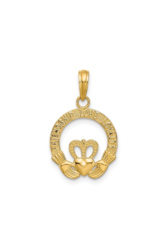 14k Yellow Gold Claddagh Pendant Necklace with Crowned Heart and Hands, Celtic Irish Heritage Jewelry for Women and Unisex, Symbol of Love Loyalty Friendship