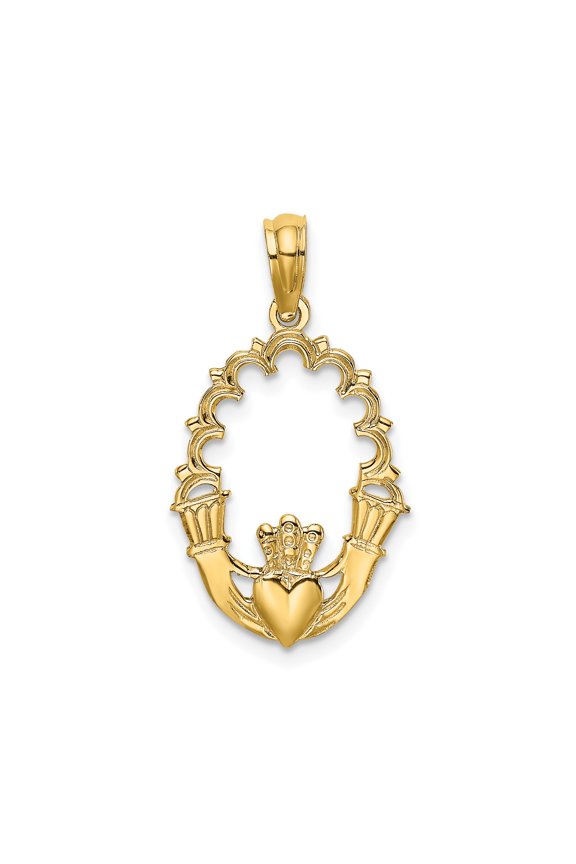 14k Yellow Gold Claddagh Pendant Necklace with Crowned Heart and Hands, Celtic Symbol for Women, Irish Heritage Jewelry for Love Loyalty and Friendship