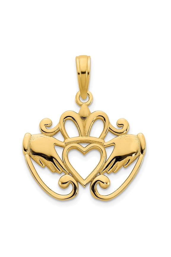 14k Yellow Gold Claddagh Pendant Necklace with Heart Crown and Hands, Celtic Irish Symbol of Love Loyalty Friendship, Unisex Heritage Jewelry for Men and Women