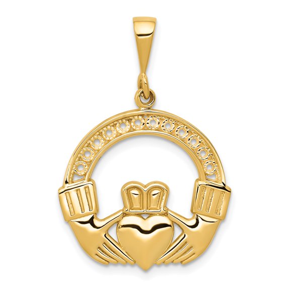 14k Yellow Gold Claddagh Pendant Necklace for Women with Crowned Heart and Hands, Traditional Irish Celtic Symbol of Love Loyalty and Friendship, Fine Handcrafted Jewelry