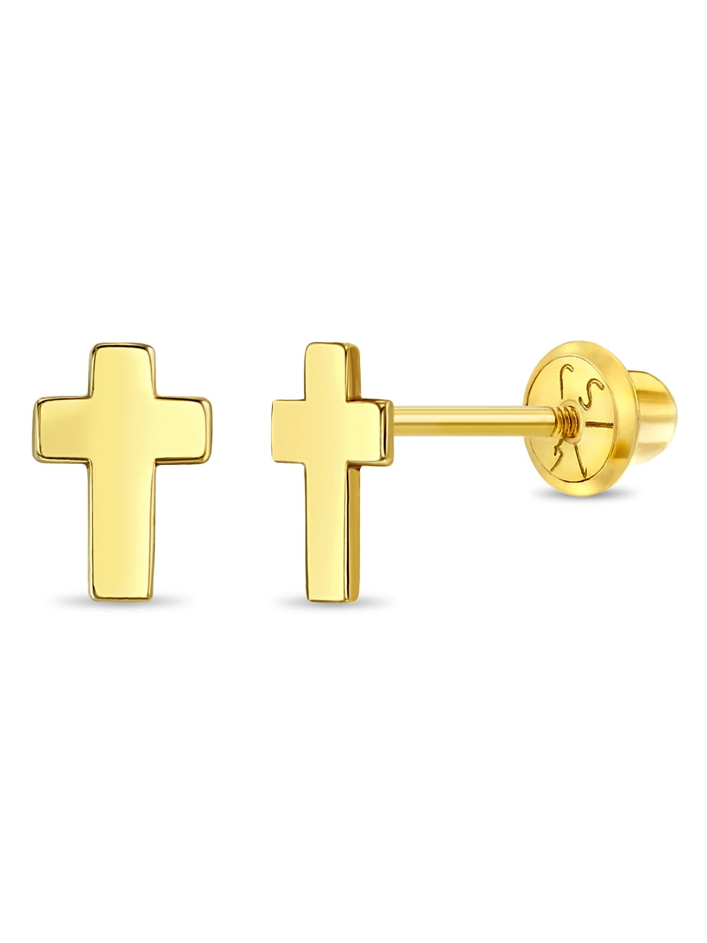 14k Yellow Gold Classic Cross Screw Back Earrings for Toddlers & Little Girls