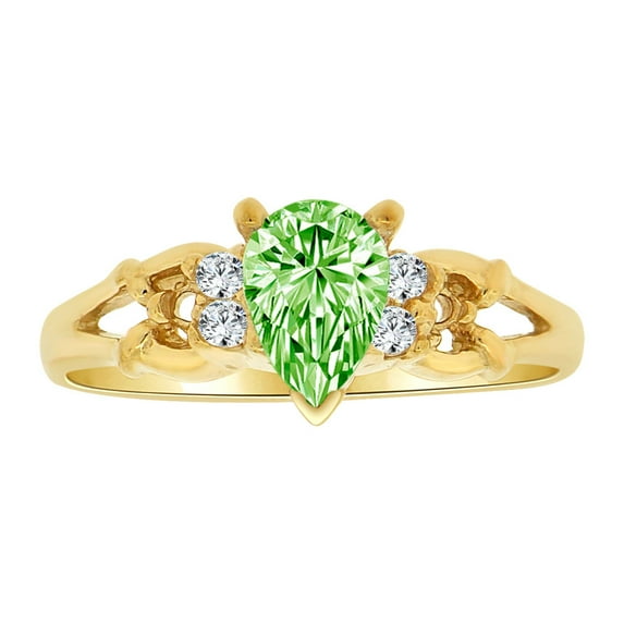 14k Yellow Gold, Classic Pear Shape Ring Lt Green CZ Aug Synthetic Birthstones Size 6.5
