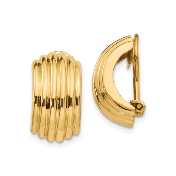 14k Yellow Gold Clip-On Hoop Earrings for Women, Ribbed Multi-Band Huggie Style, Polished Non-Pierced Fashion Jewelry for Daily or Formal Wear