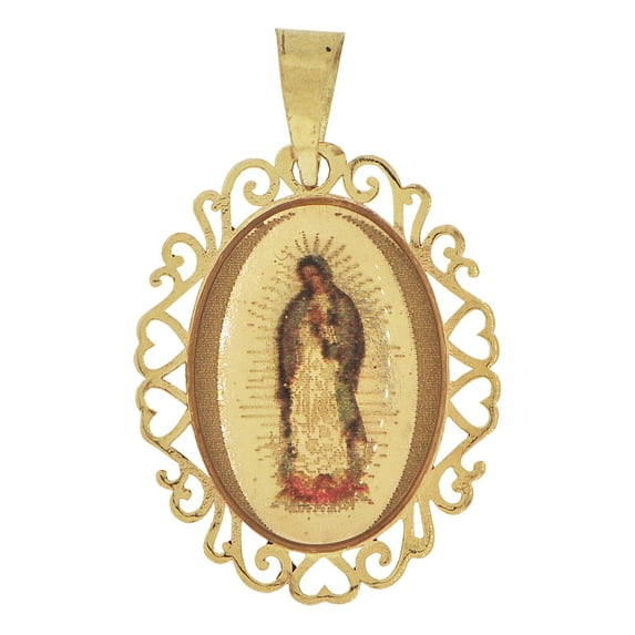14k Yellow Gold, Color Image Over Gold Virgin Mary Religious Pendant Oval Charm 13mm with 20" Dainty Neck Chain