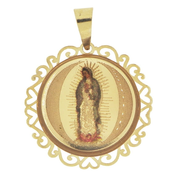 14k Yellow Gold, Color Image Over Gold Virgin Mary Religious Pendant Round Charm 18mm NO Necklace