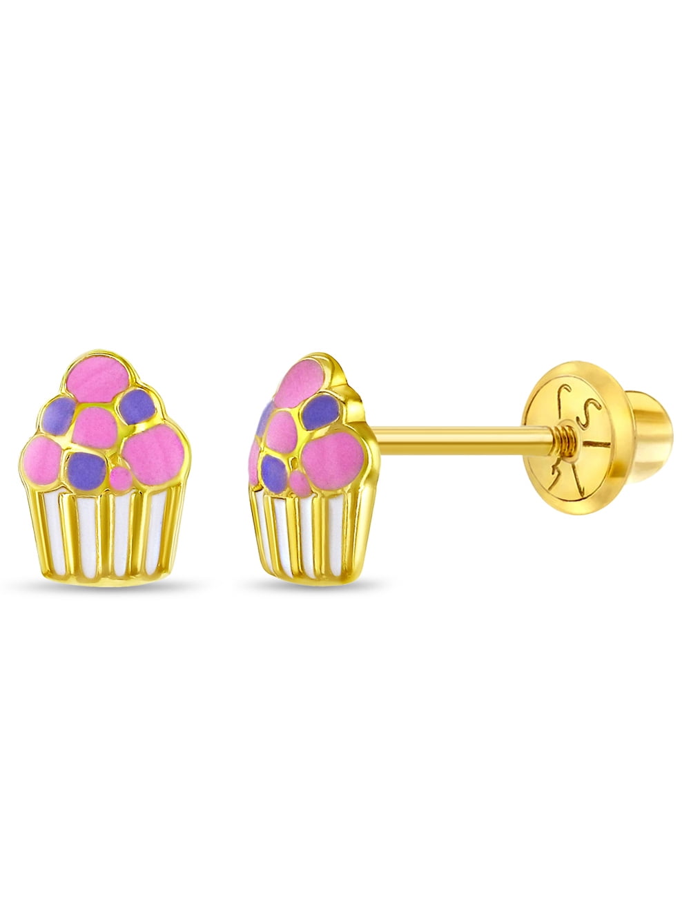 14k Gold Cupcake Stud Earrings For Girls | Pink & White Enamel Screw Back Earrings For Kids & Preteens