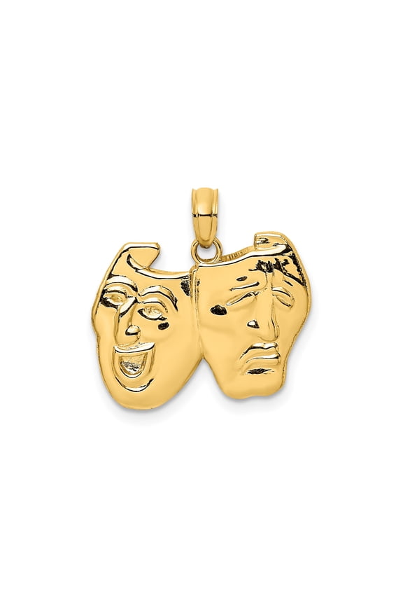 14k Yellow Gold Comedy and Tragedy Mask Pendant for Men and Women, Theater Drama Symbol Necklace, Classic Performing Arts Jewelry