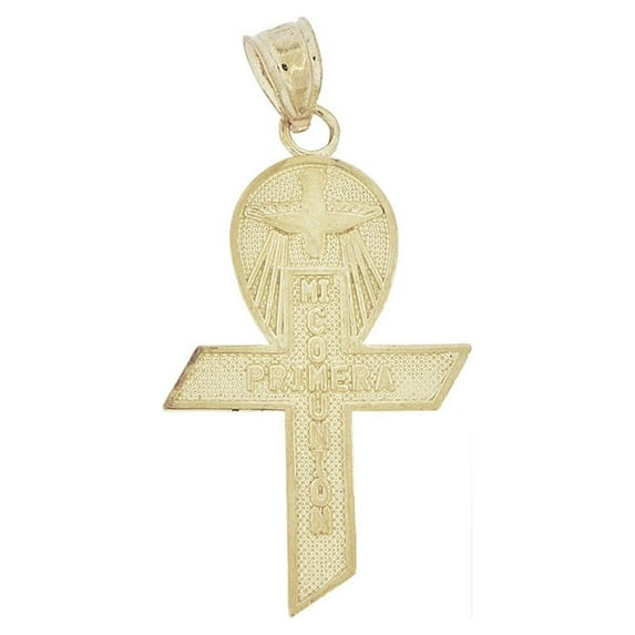 14k Yellow Gold, Communion Cross Mi Primera Comunion Dove Pendant Religious Charm 14mm with 18" Dainty Neck Chain