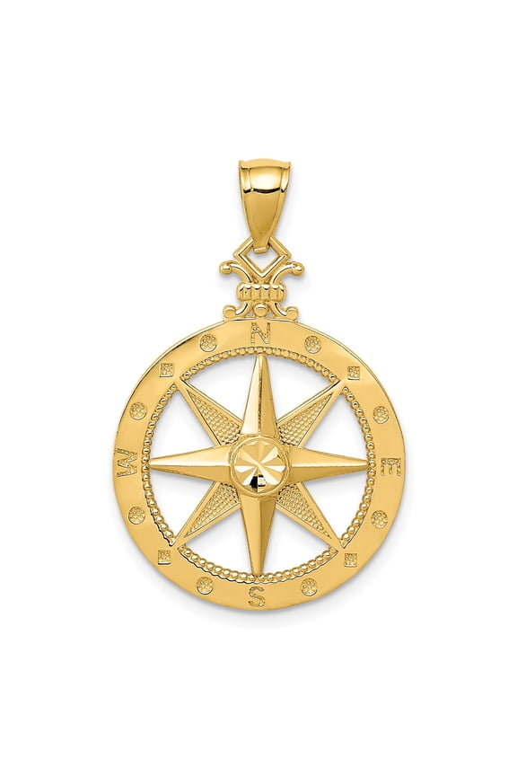 14k Yellow Gold Compass Pendant with Nautical Star and Directional Letters, Unisex