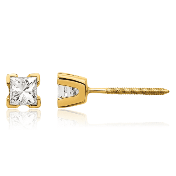 14K Solid Yellow Gold Princess-Cut Square Diamond Stud Solitaire Earrings