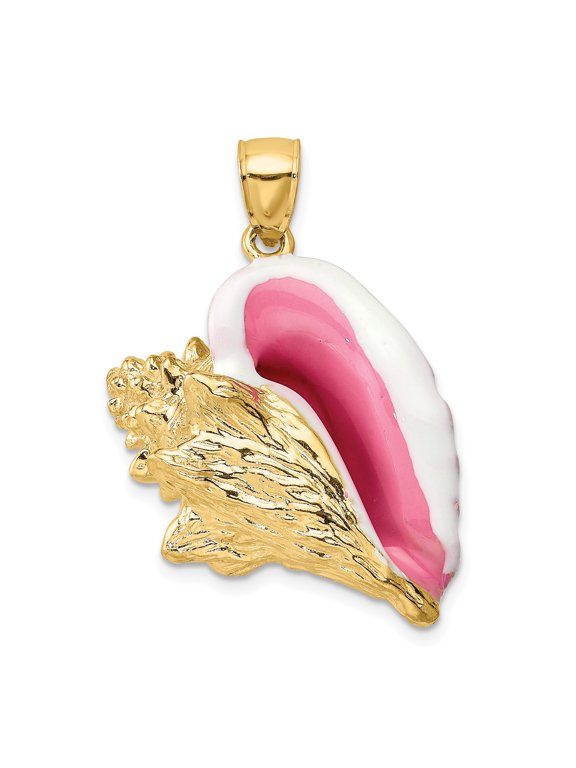 14k Yellow Gold Conch Shell Pendant with Pink and White Enamel, Nautical Beach Charm for Women, Ocean Life Inspired Tropical Jewelry, Summer Fashion Accessory