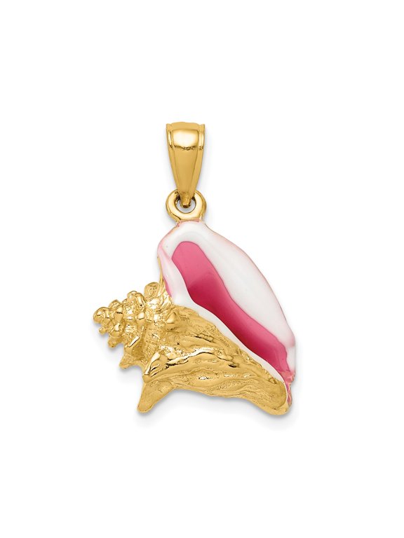 14k Yellow Gold Conch Shell Pendant for Women with Pink and White Enamel, Nautical Ocean Necklace, Coastal Summer Jewelry, Tropical Marine Style Accessory