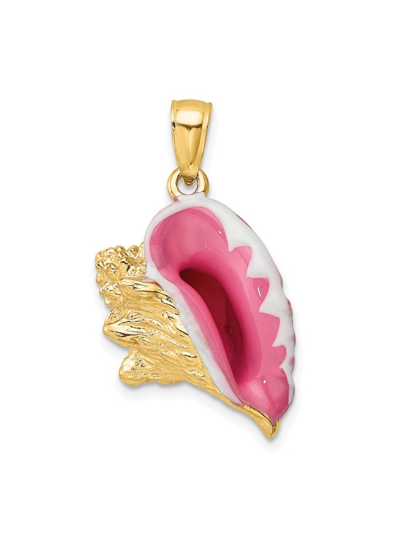 14k Yellow Gold Conch Shell Pendant with Pink and White Enamel for Women, Nautical Ocean Charm Necklace Accessory, Coastal Summer Beach Style Jewelry
