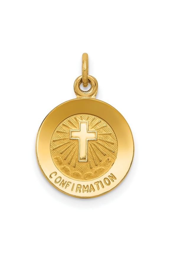 14k Yellow Gold Confirmation Pendant with Raised Cross and Radiant Beams, Christian Catholic Faith Medal Necklace for Men or Women, Religious Devotion Jewelry