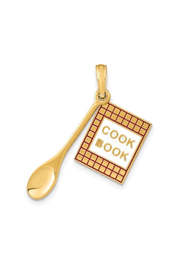 14k Yellow Gold Cookbook and Spoon Pendant for Women or Unisex, Culinary Jewelry Symbolizing Love for Cooking, Kitchen Accessory for Food Enthusiasts and Chefs