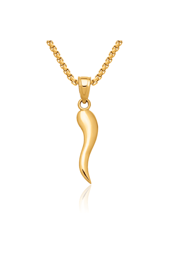 14K Solid Yellow Gold Cornicello Italian Horn Necklace Lucky Protection Amulet Pendant Chilli Pepper Charm