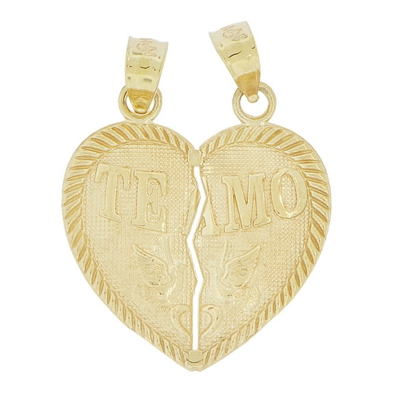 14k Yellow Gold, Couple Sharing Split Heart Pendant Love Charm Te Amo 19mm with 16" Dainty Neck Chain