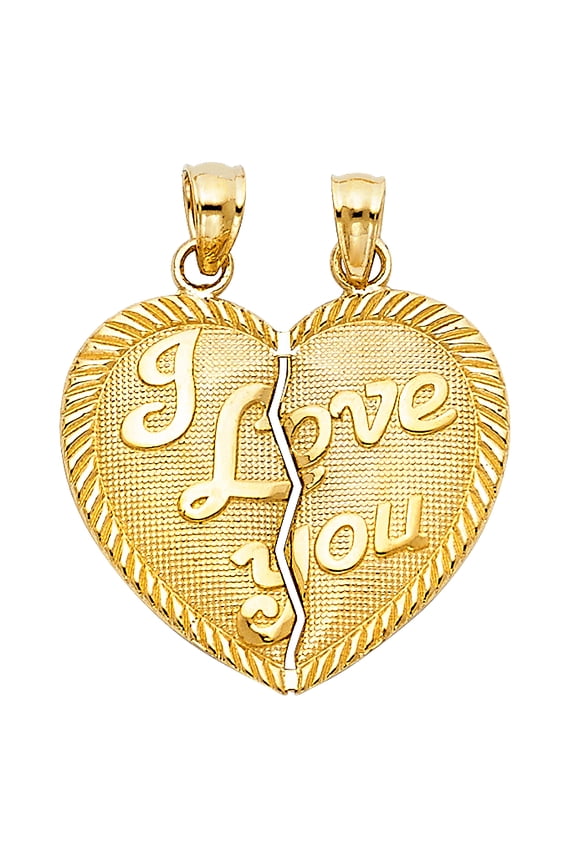 14k Yellow Gold Couples Heart I Love You Pendant Diamond-Cut Romantic Gift Charm Jewelry Female