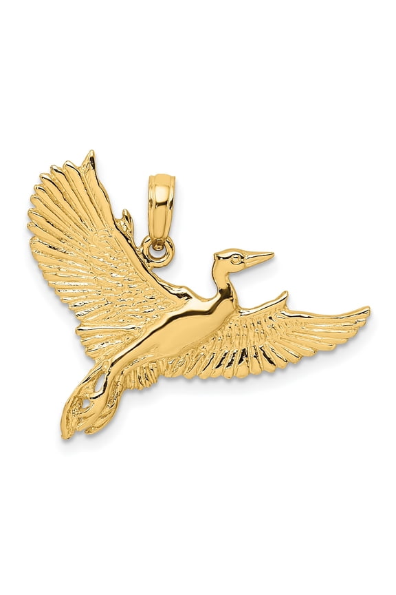 14k Yellow Gold Flying Crane Bird Pendant Charm, Polished Textured Wings, 22 x 29.3mm