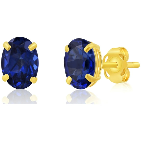 14k Yellow Gold Created Blue Sapphire Oval Stud Earrings for Women | 7x5mm September Birthstone Earrings | Blue Sapphire Earrings for Women | Sapphire Gold Earrings for Women by MAX + STONE